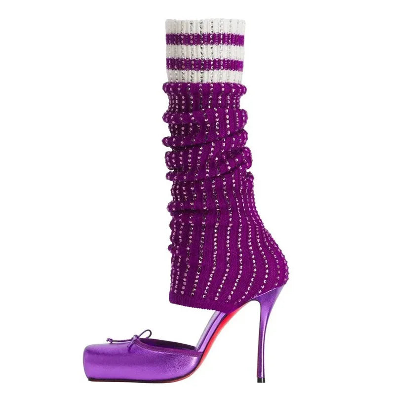 Diamonds Knitting Upper Summer High Heels Shoes Front Bow Square Toe Knee High Boots Pleated Stretchy Cut Out Socks Sandals