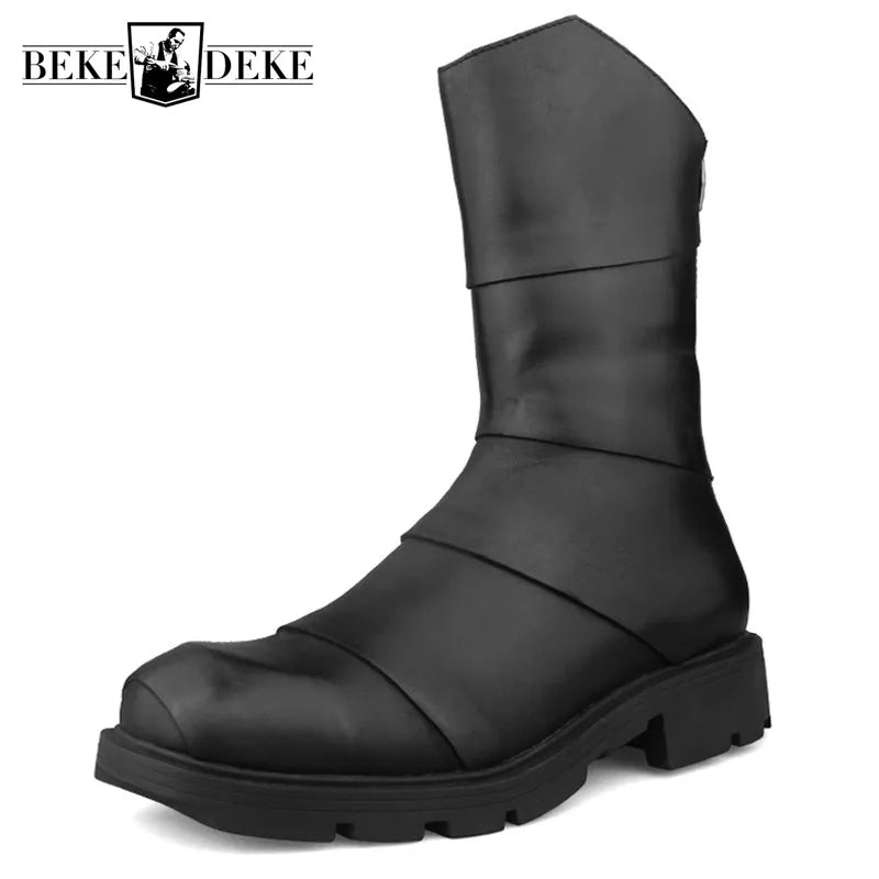 Punk Style Zipper Men Genuine Leather High-Top Sneakers Street Round Toe Winter Warm Platform Boots Black Motorcycle...