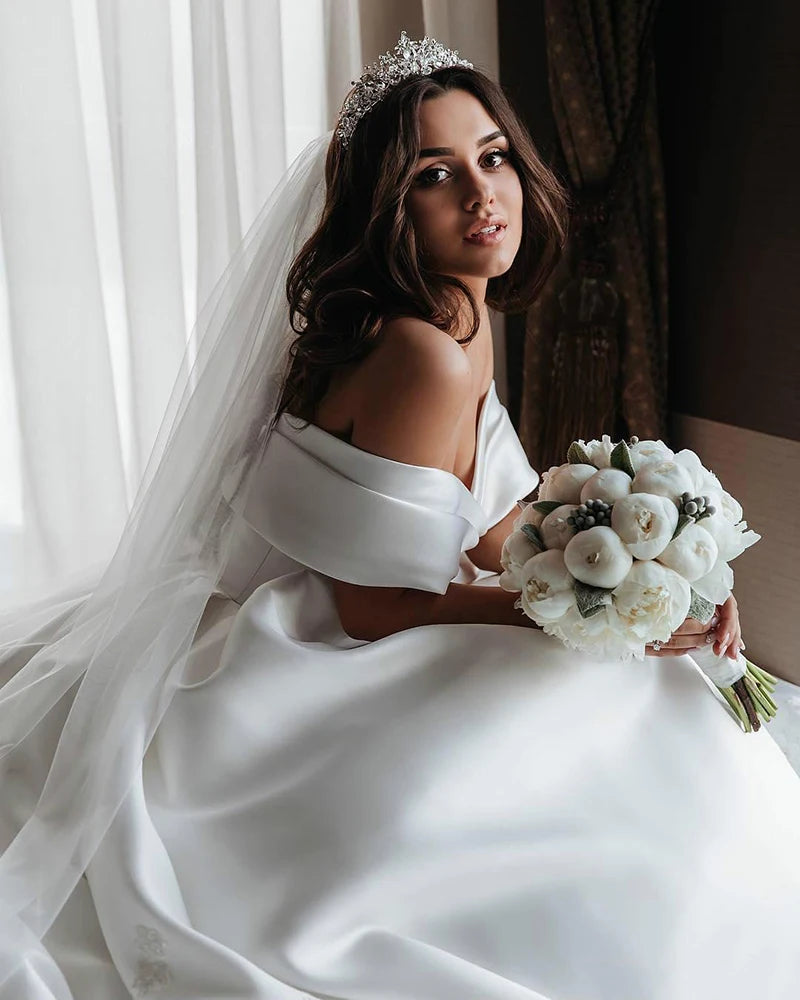 LORIE Princess Wedding Dresses Satin Vintage Off The Shoulder Wedding Bride Dresses Long Train White Wedding Ball Gown...