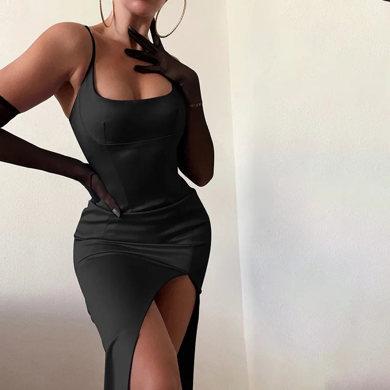 High Quality Pink Dress Bodycon Satin Dress Midi Dress 2022 Black Elegant Dress Sexy Birthday Dress For Women Silk Party Vestido