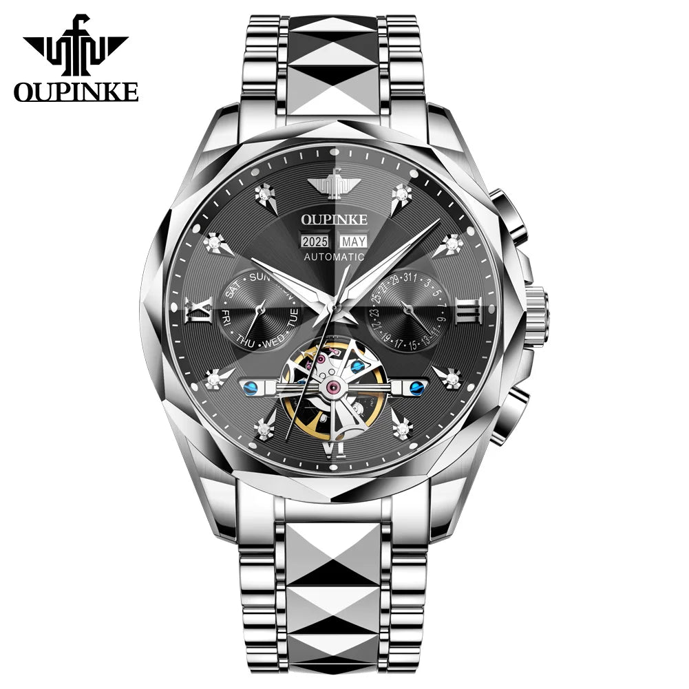 Oupinke 3316 Oem logo Hollow Design Business Tourbillon Waterproof Stainless Steel Luminous  Automatic Mechanical Watch for Man