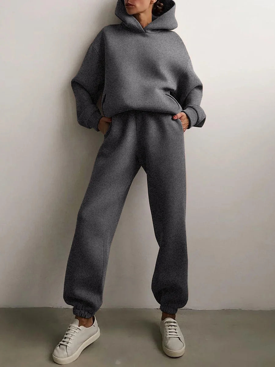 Women's Tracksuit Casual Solid Long Sleeve Hooded Sport Suits Autumn Warm Hoodie Sweatshirts and Long Pant Fleece Two Piece Sets - Kimlud
