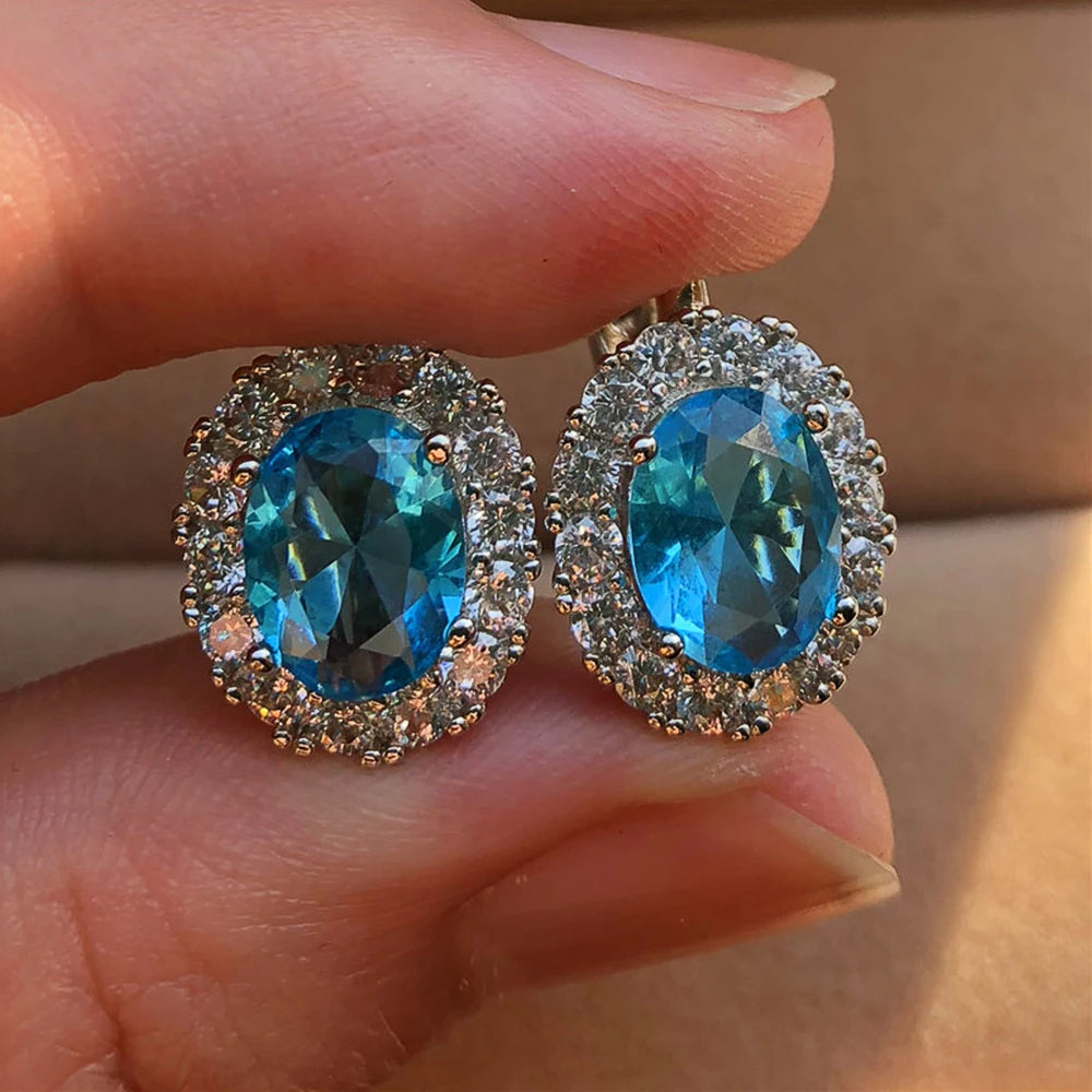 Huitan Simple And Classic Brilliant Oval Cubic Zircon Stud Earrings For Women Engagement Wedding Jewelry Elegant Female...