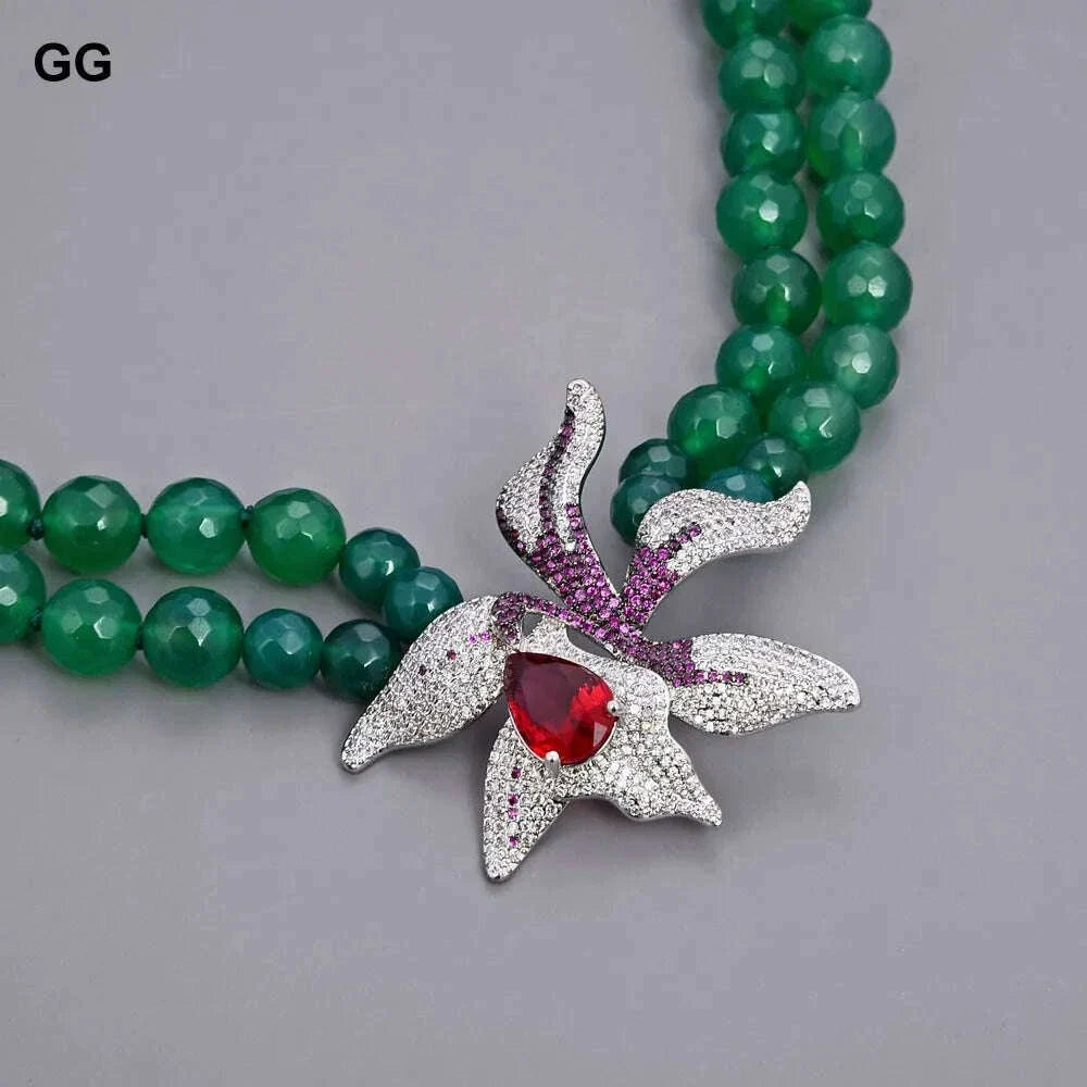 GuaiGuai Jewelry 18"-19'' 2 Rows Green Round Agates Necklace Red Crystal CZ Flower Pendant For Women