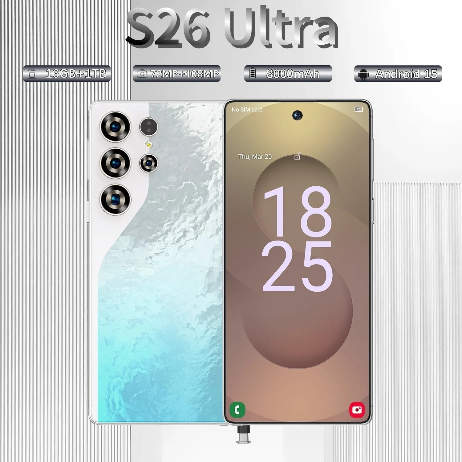 Brand New S26 Ultra 5G Smartphone 16GB+1TB Android 15.0 108MP HD Screen 5G 7.3inch Dual Card Decacore CPU 100W Quick Charge