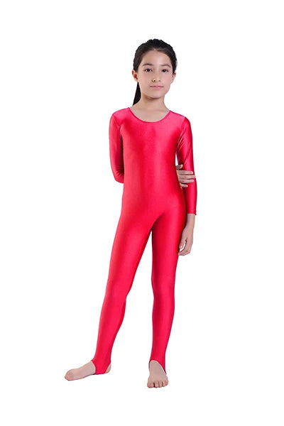 AOYLISEY Girls Dance Gymnastics Long Sleeve Unitard for Kids Jumpsuits Stirrup Show Stage Wear Zentai Childrens Unitards