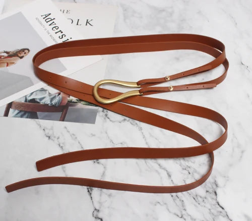 NEW Genuine Leather double Belts Luxury Metal U Buckle belt women girls retro vintage large belt for coat jeans black white