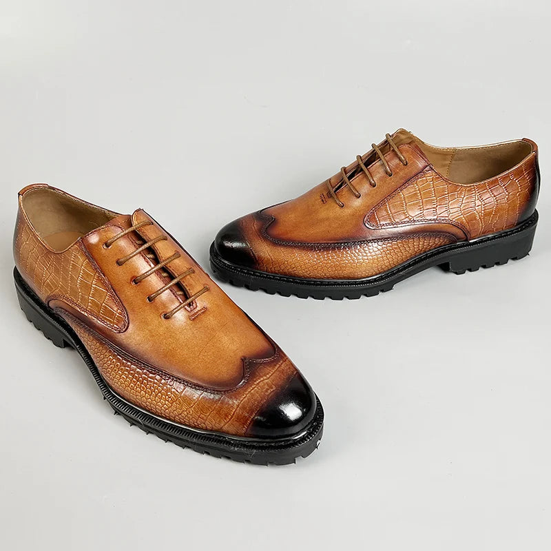 Men Dress Formal Shoes Genuine Leather Office Shoe for Business Social Elegant Handmade Printing Oxfords Lace up Shoes