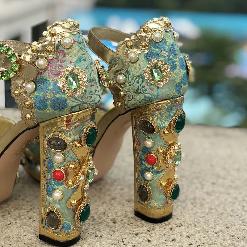 MStacchi Luxury Brand Women Platform Sandals Crystal Embroidery High Heel Sandalia Feminina Buckle Strap Rhinestone Wedding Shoe - Kimlud