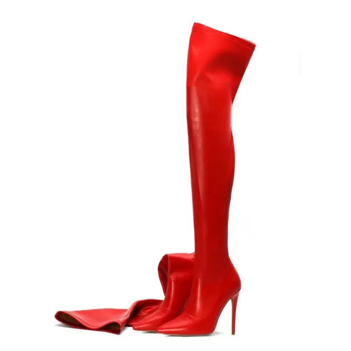 Western Style Skintight Slip-on Big Size 45 Women Thigh High Boots Thin Heel Pointed Toe Stretch Sexy Long Booties for Ladies