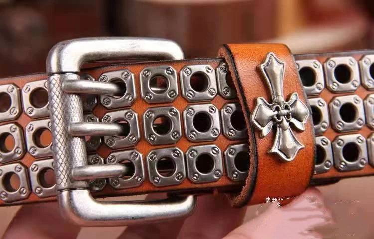 Studded Heavy Metal Style Belt Handmade Leather Pank Rock Style Men's Belt Cowhide Retro Tactical belt Jeans Belt - Kimlud