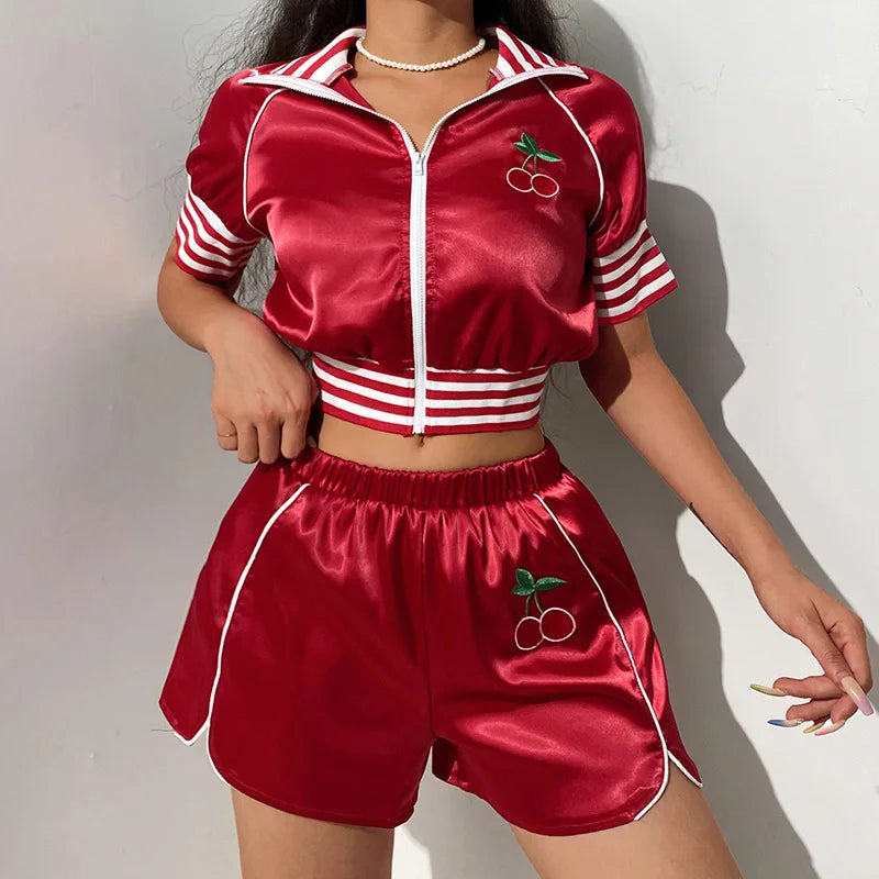 Hot Sale Women Tracksuit Fashion Cherry Embroidery Zipper Crop Top Two Pieces Short Set Sports Wear for Women - Kimlud