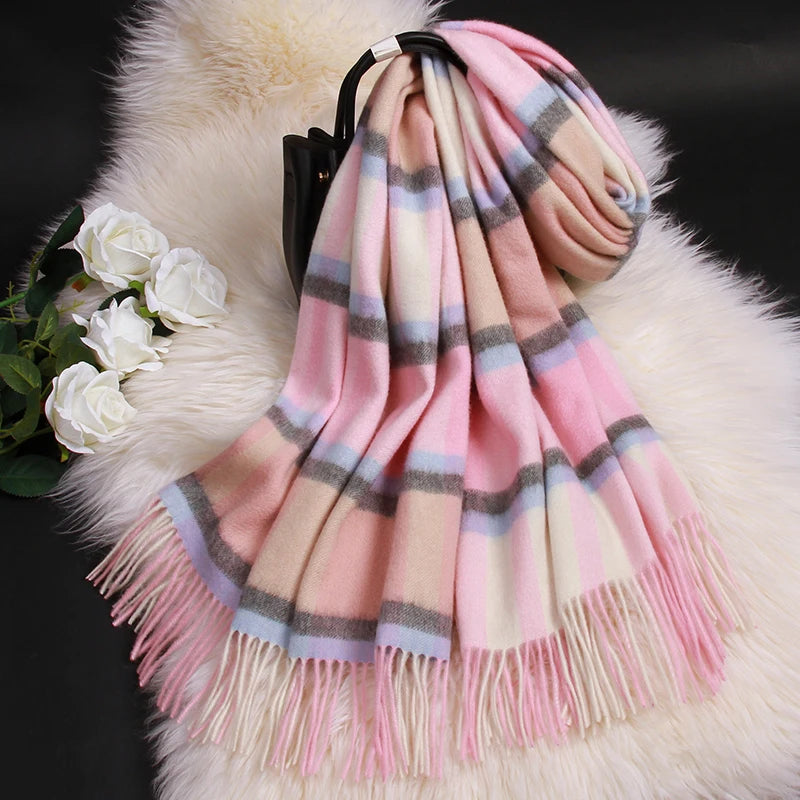 Winter 100% Lamb Wool Scarf Women Luxury Thicken Warm Shawls Wraps Checkered Pashmina Foulard Femme Plaid Cashmere...