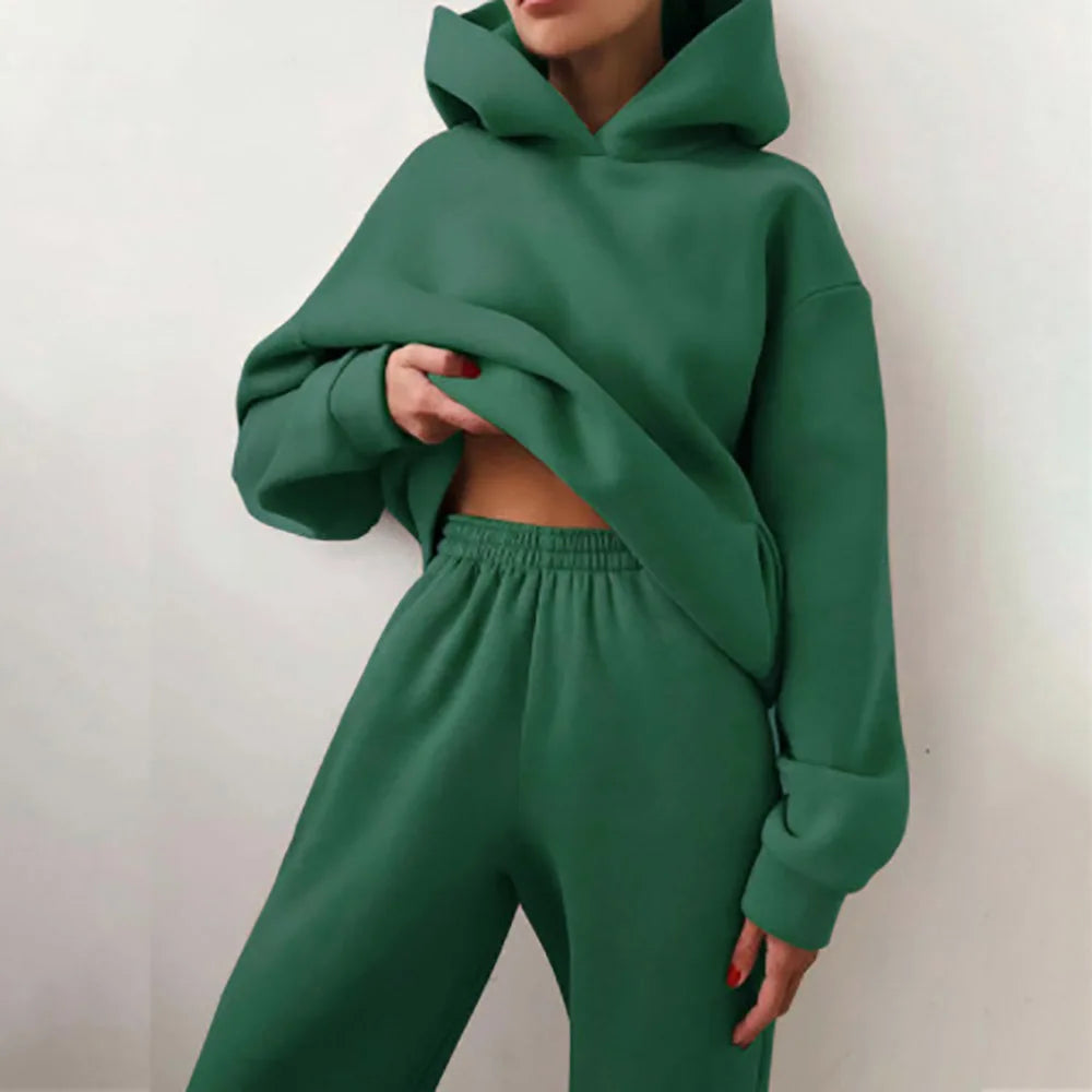 2 Pieces Set Women New Fashion Leisure Autumn Winter Pure Color Fleece Hooded two-piece Sports Suits Dropshipping LKX21660