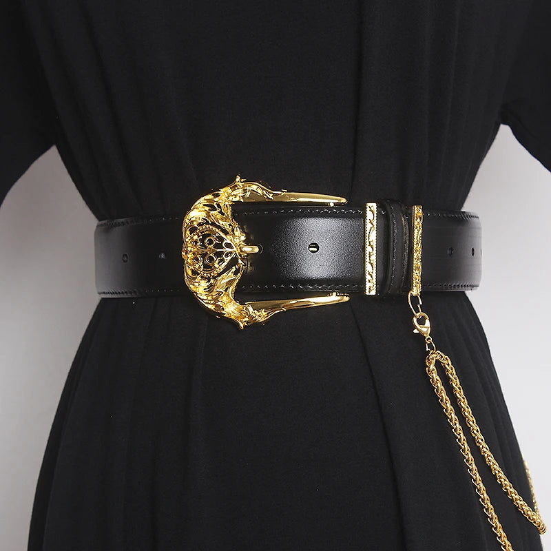 Women's Runway Fashion Gold Buckle Genuine Leather Cummerbunds Female Dress Corsets Waistband Belts Decoration Wide Belt TB1757