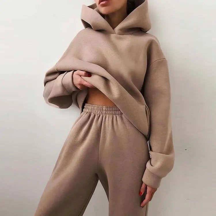 Women Hoodies + Pants Tracksuit Two Piece Set Casual Fleece Hooded Long Sleeve Tops Pants Autumn Winter Solid Color Suits