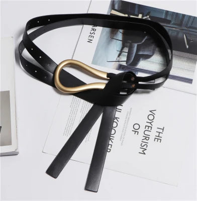 NEW Genuine Leather double Belts Luxury Metal U Buckle belt women girls retro vintage large belt for coat jeans black white