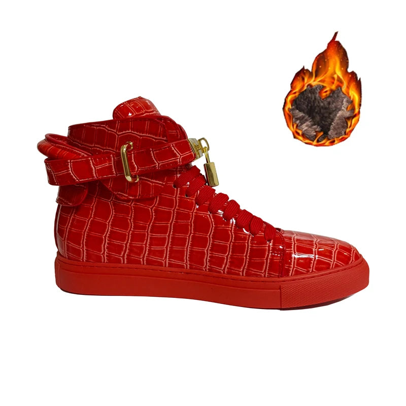 Luxury Designer Men Crocodile Pattern High Top Sneakers Glossy Patent Leather Gold Buckle Lace-up Casual Street Shoes Footwear