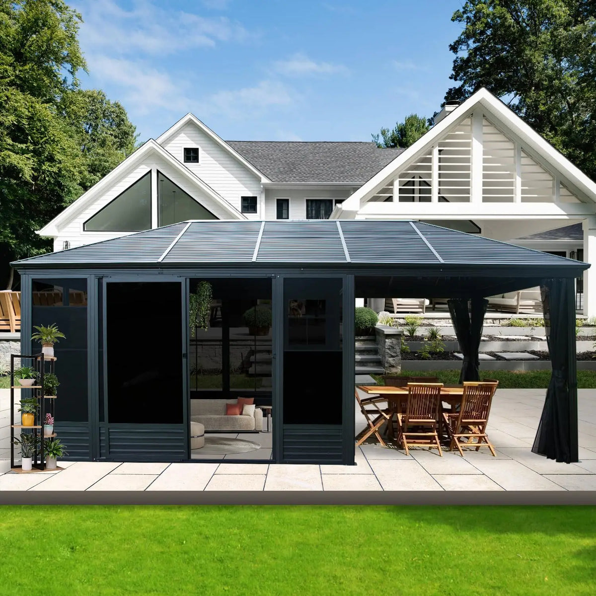 Outdoor Aluminum Solarium Hardtop Sun Room Netting&Curtains Patio Deck Garden Detachable PE Canopy Outdoor Furniture - Kimlud