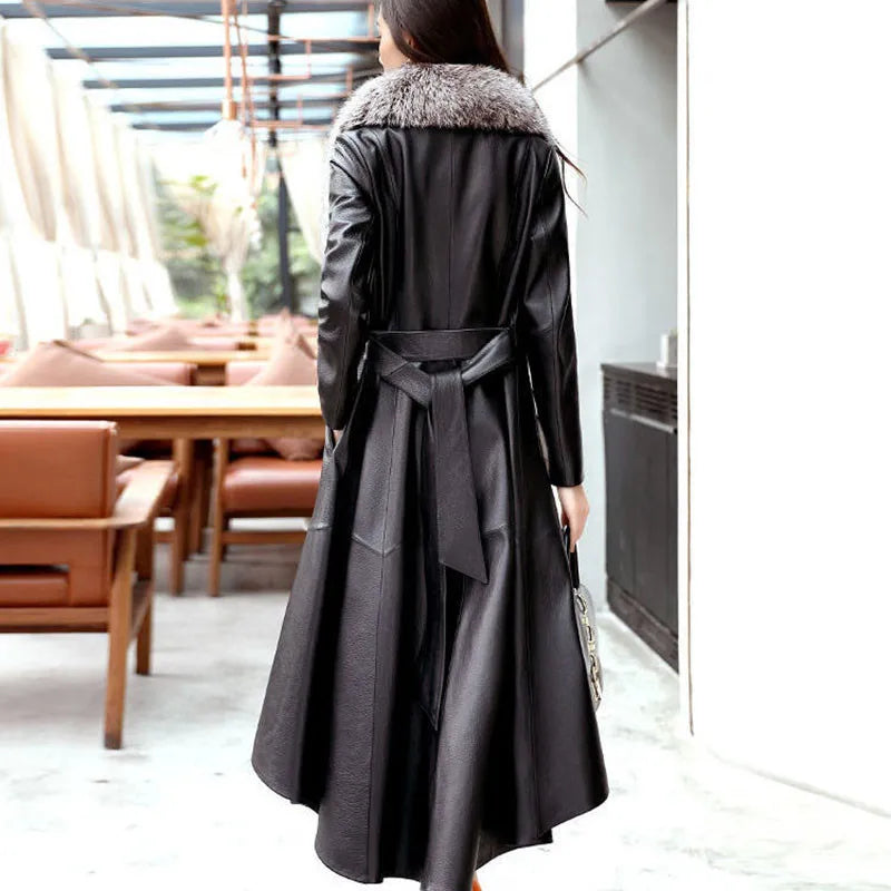 2025 New Women's PU Leather Jacket For Spring Autumn Slim Big Fur Collar Long Leather Coat Female Loose Leather Outerwear 7XL