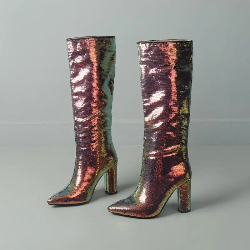 Bling New Botas Alto Chunky Heel Shoes 2025 Knee-High Women Boots