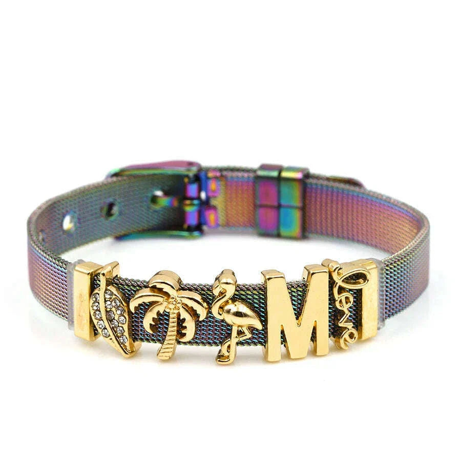 DINGLLY Two-tone Stainless Steel Mesh Bracelets For Women Men Love Heart Beaded 10mm Ribbon Mesh Bracelet & Bangle Gifts
