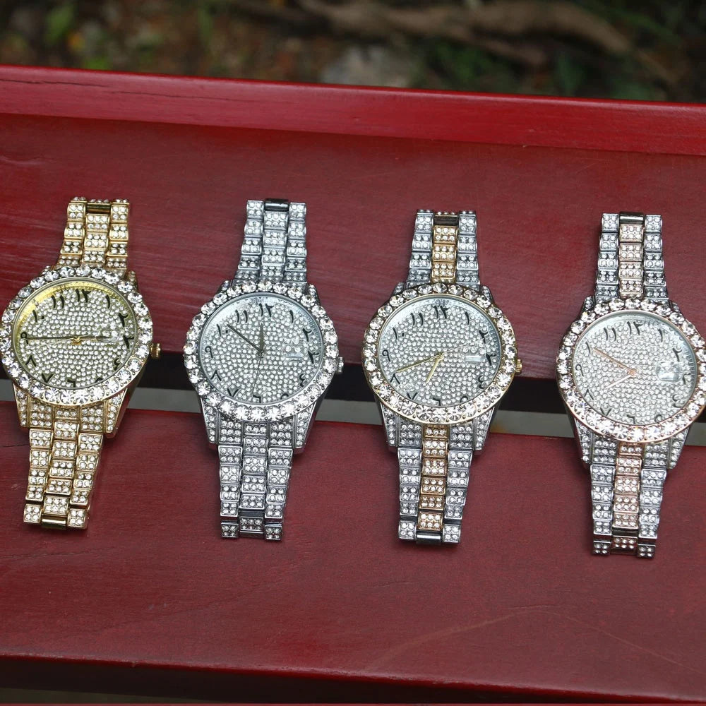 Brand Hip Hop 18k Gold Plated Steel CZ Diamond Wrist Men Watches