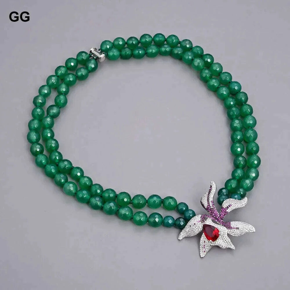 GuaiGuai Jewelry 18"-19'' 2 Rows Green Round Agates Necklace Red Crystal CZ Flower Pendant For Women