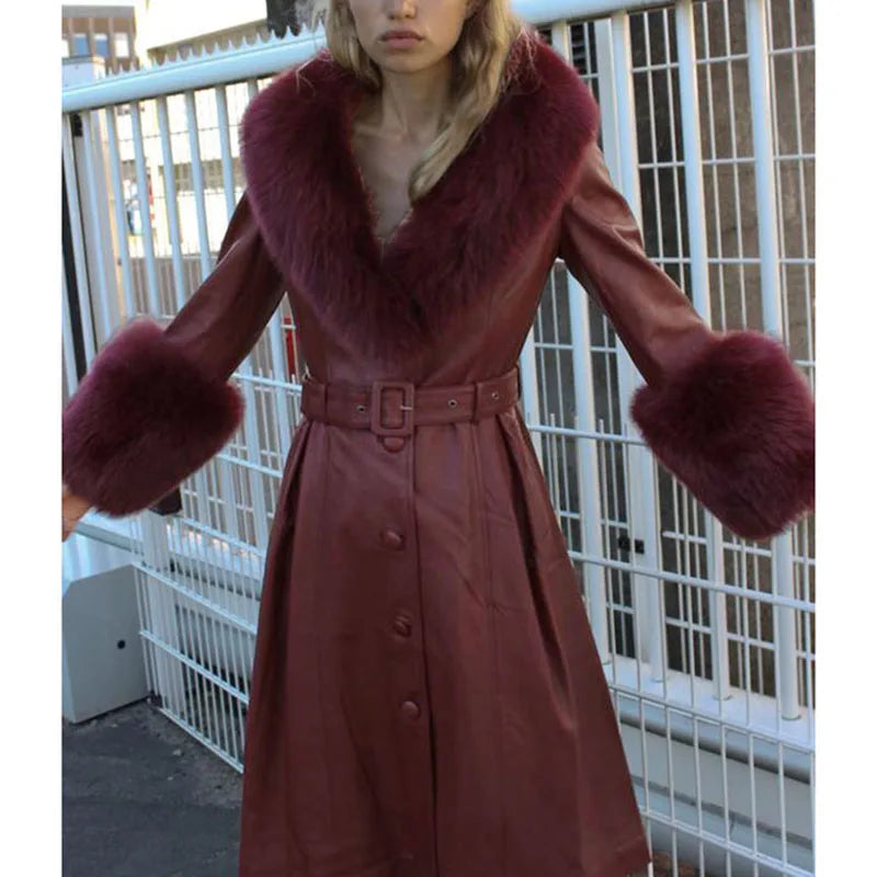 RR Slim Long Faux Leather Jackets Women Fashion Solid Buttons Coats Women Elegant Tie Belt Waist Pockets Jackets Female Ladies