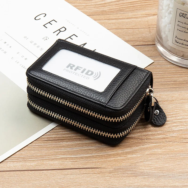 RFID Blocking Fashion Women Card Holder Genuine Leather Double Zipper Large Capacity Female Wallet Purse | Kimlud Mid...