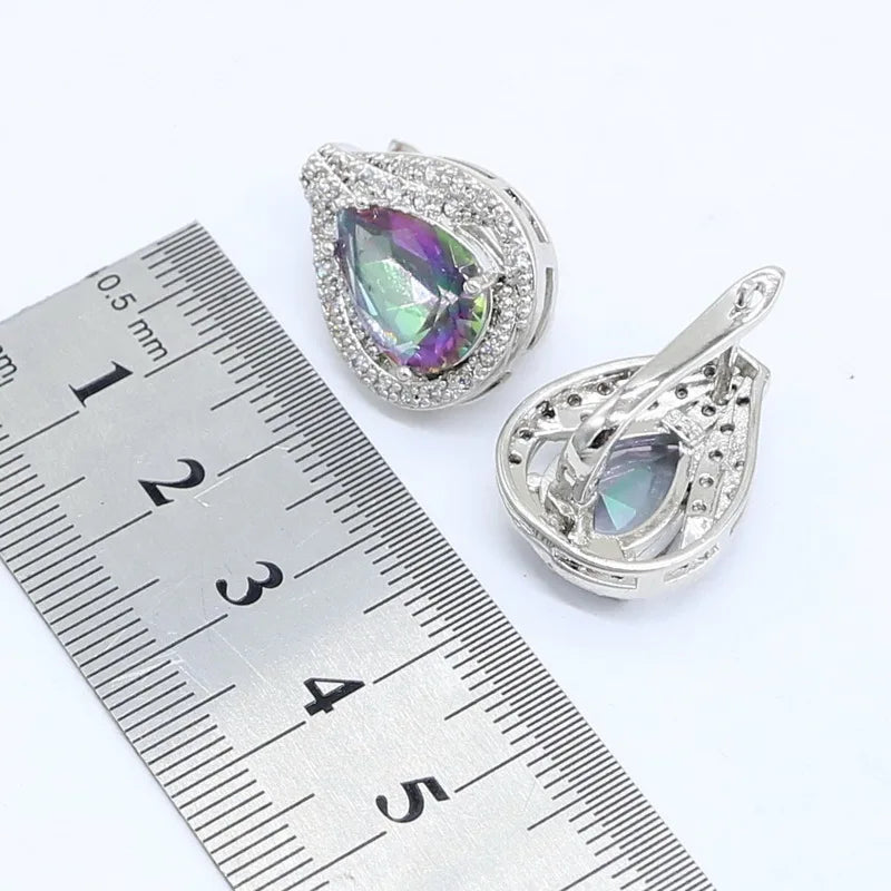 925 Stamp Jewelry Sets For Women Multi Color Rainbow Zircon Bracelet Hoop Earrings Rings Necklace Pendant Wedding Gift Box