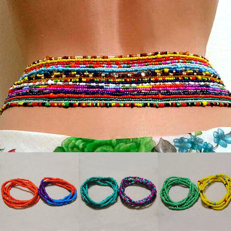 2 Pcs Sexy Summer Waist Bead Chains African Belly Beads Colorful Beach Bikini Body Belly Chain Elastic Jewelry for Women Girls - Kimlud