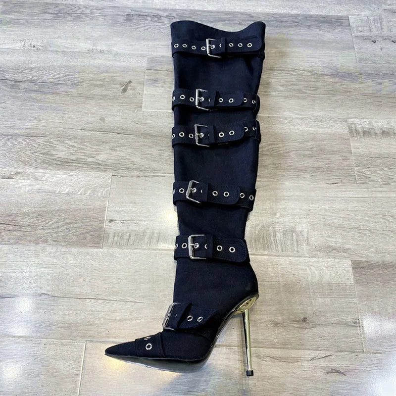 Silver Belt Buckles Women Thigh High Boots Metal High Heels Denim Long Booties Sexy Punk Over Knee Stiletto Shoes