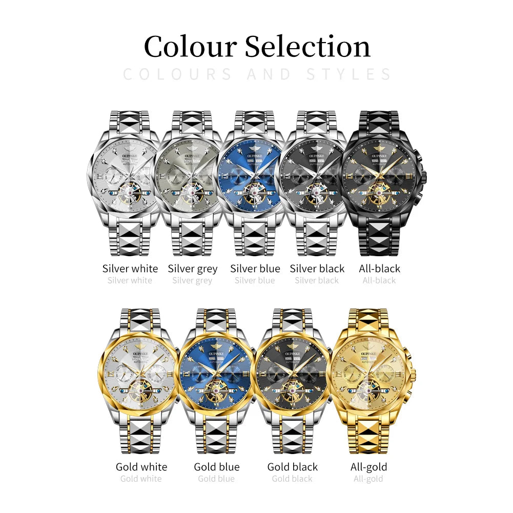 Oupinke 3316 Oem logo Hollow Design Business Tourbillon Waterproof Stainless Steel Luminous  Automatic Mechanical Watch for Man