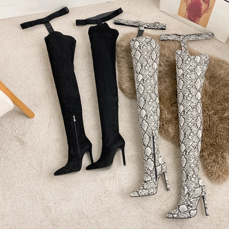 New Style 1 Pair Luxury Over Knee Long Fashion Spike Heel Snakeskin Thigh High Women's Boots