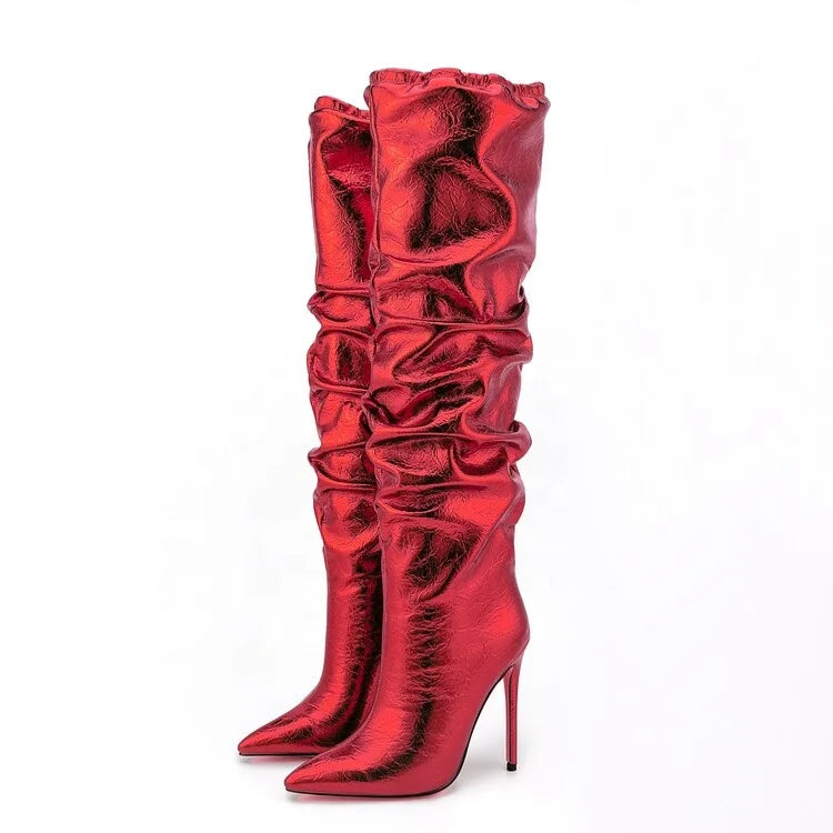 Big Size 47 Stiletto Style High Slim Heels Shoes Women Pointed Toe Pleated Knee High Boots Slip on Top Stretch Long Booties