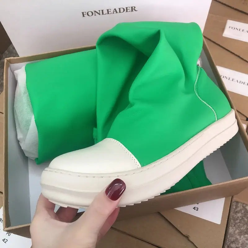 Green/Orange 2025 Botas Largas Leather Over Knee High Flat Boots for Women