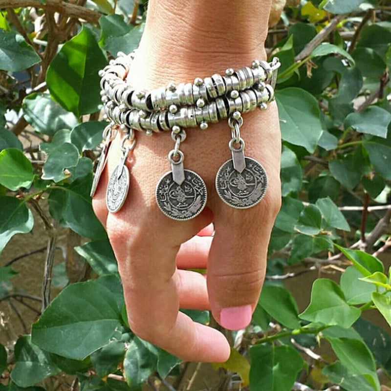 Vintage Ethnic Exaggerated Coin Pendant Bracelets For Women Boho Silver Color Carved Geometric Indian Bracelets Jhumka Jewelry - Kimlud