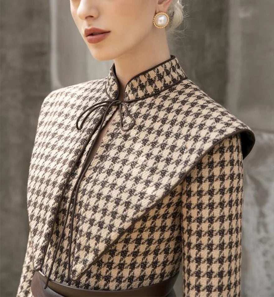 tailor shop Retro Slim and thin dark brown houndstooth winter female light luxury top and skirt Semi-Formal Dresses - Kimlud
