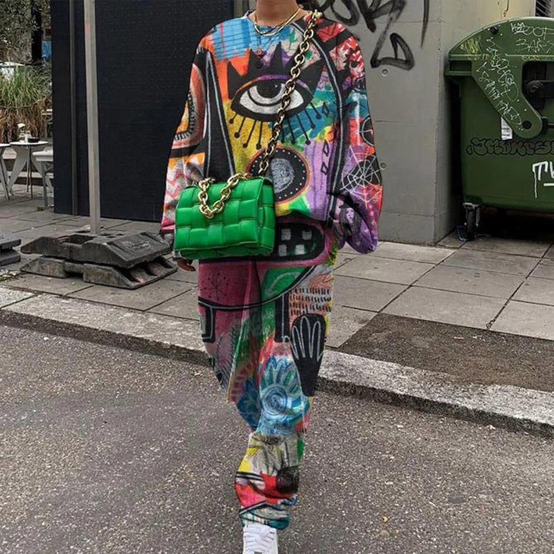 Hip Hop Graffiti Eyes Print Thin Sweatshirt Two Piece Set Women Tracksuit Streetwear Long Sleeve Pencil Pants Streetwear Fashion