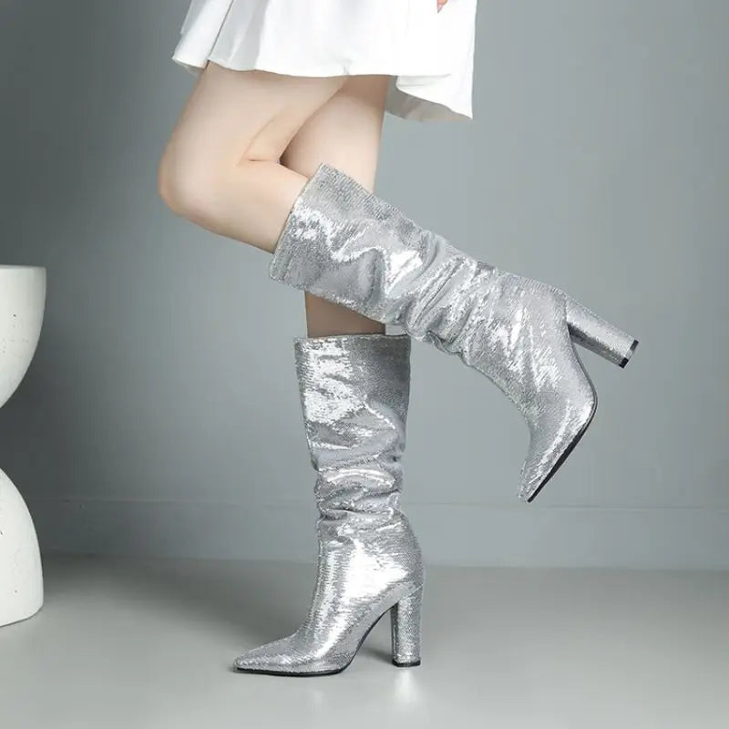 Bling New Botas Alto Chunky Heel Shoes 2025 Knee-High Women Boots