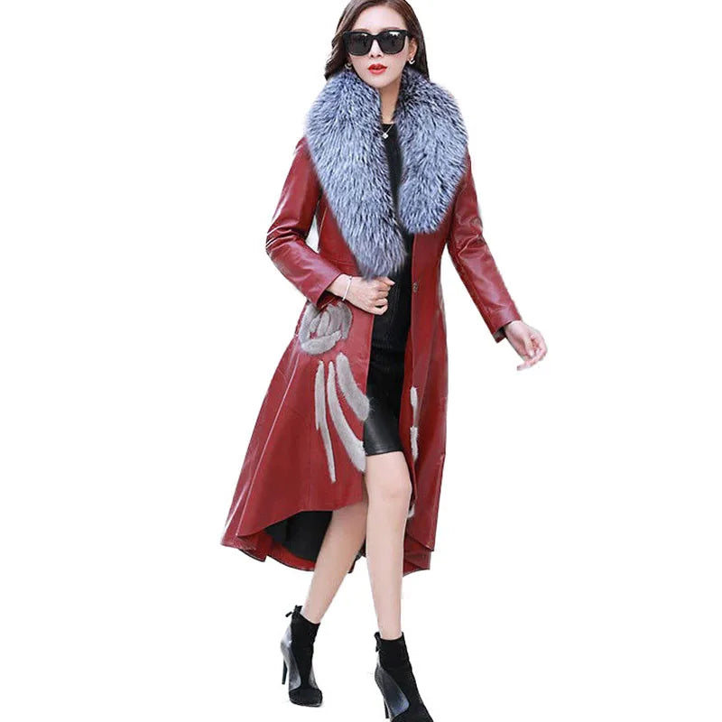2025 New Women's PU Leather Jacket For Spring Autumn Slim Big Fur Collar Long Leather Coat Female Loose Leather Outerwear 7XL