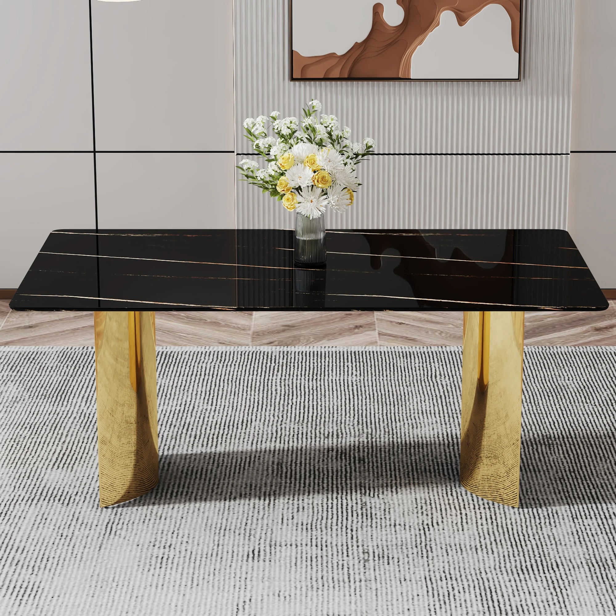 Modern Minimalist Square Dining Table with Black Patterned Glass Top Golden Metal Legs for Home Furniture Apartments...