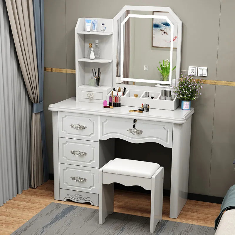 Girls White and Pink Modern Wooden Storage Simple Cheap Make up Dresser Tables Set Vanity Desk With Mirror - Kimlud