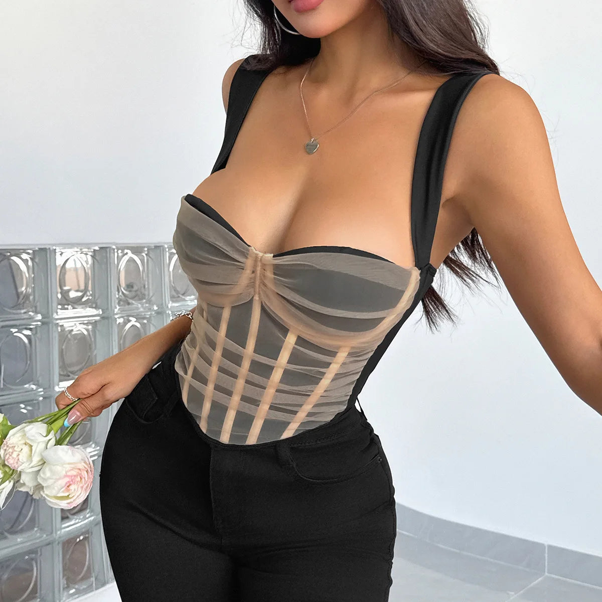 Street Style Fishbone Skinny Crop Top Women Sexy Slim Strappy Tank Vest Sexy Club Party Backless V Neck Hollowing Mesh Corset
