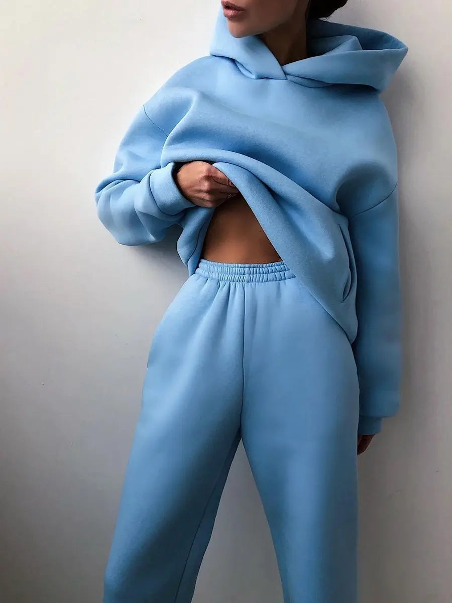 Women's Tracksuit Casual Solid Long Sleeve Hooded Sport Suits Autumn Warm Hoodie Sweatshirts and Long Pant Fleece Two Piece Sets - Kimlud