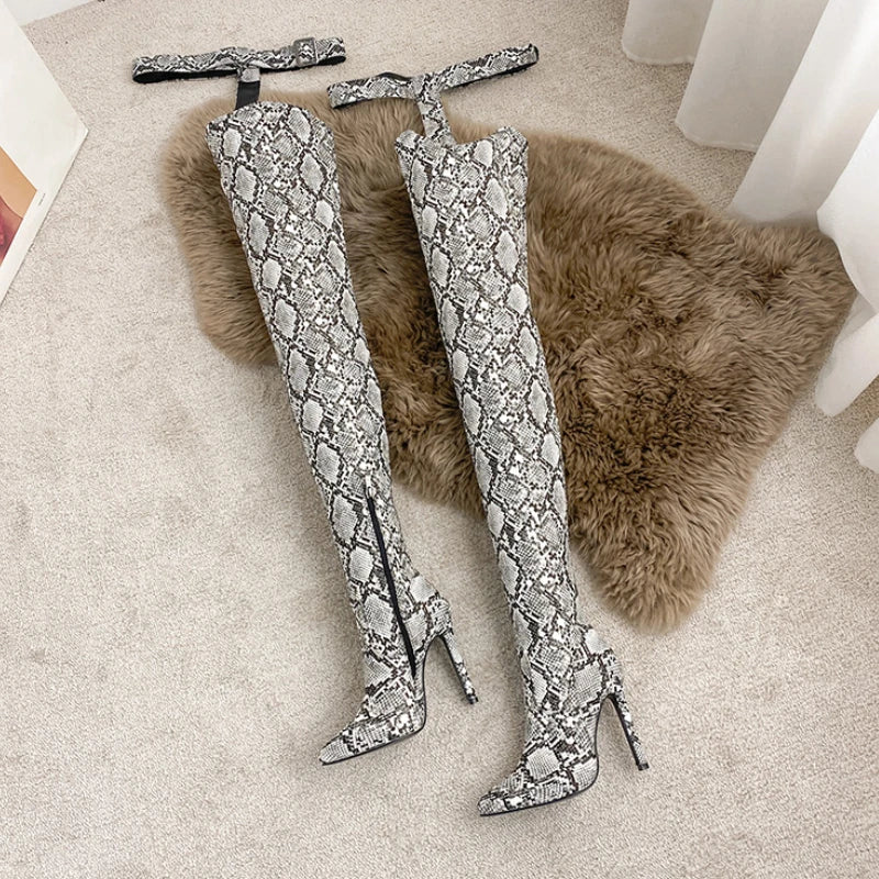 New Style 1 Pair Luxury Over Knee Long Fashion Spike Heel Snakeskin Thigh High Women's Boots