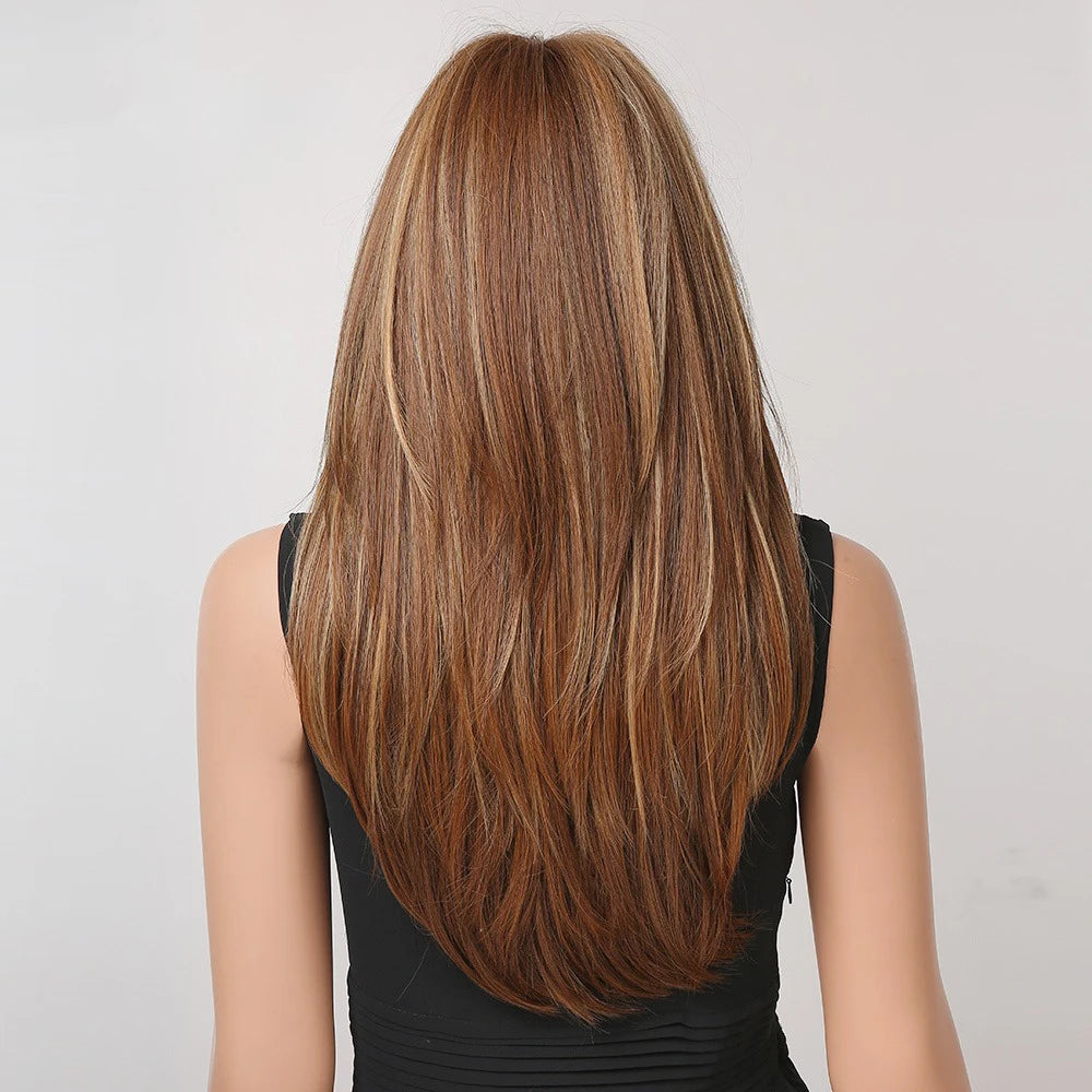 Factory Outlet MOQ 1Long Layered Brown Synthetic Wigs for Women Straight Blonde Mixed Bangs Wigs Use Heat Resistant Fiber