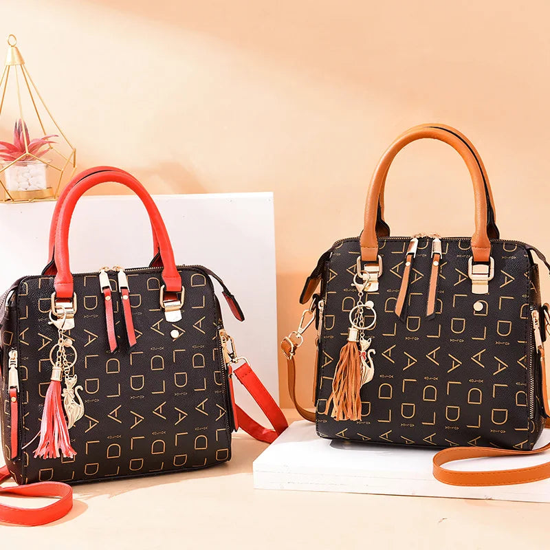 Fashion English Letter Handbag Women PU Leather Tassel Top-handle Bag Luxury Shoulder Bag Large Capacity Lady Tote...