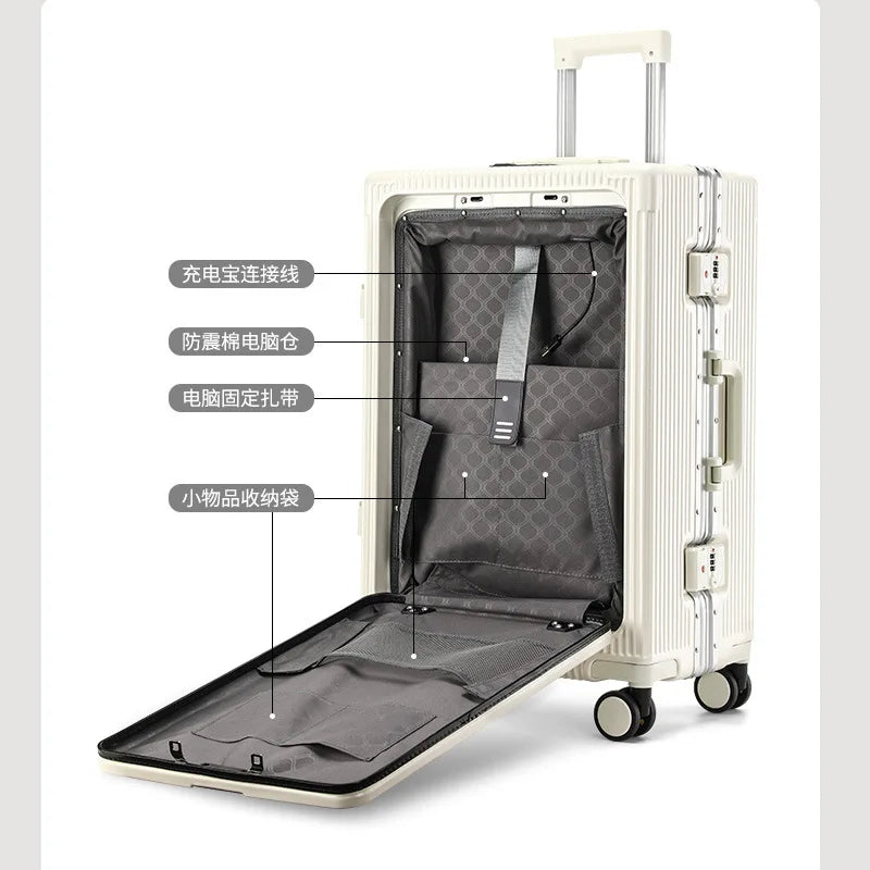 20 24 Inch Front Opening Luggage Men's and Women's Multifunctional Password Lock Trolley Case Travel Wheels Suitcases Cup Holder - Kimlud